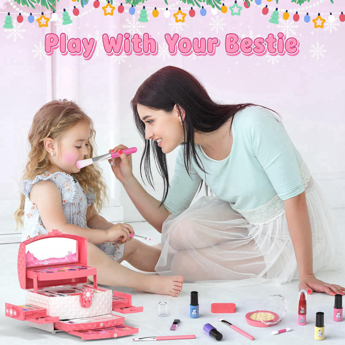 GirlsHome 57 Pcs Kids Makeup Set for Girls, Washable Real Cosmetic Toddler Makeup Set – close-up detail in Blue & White