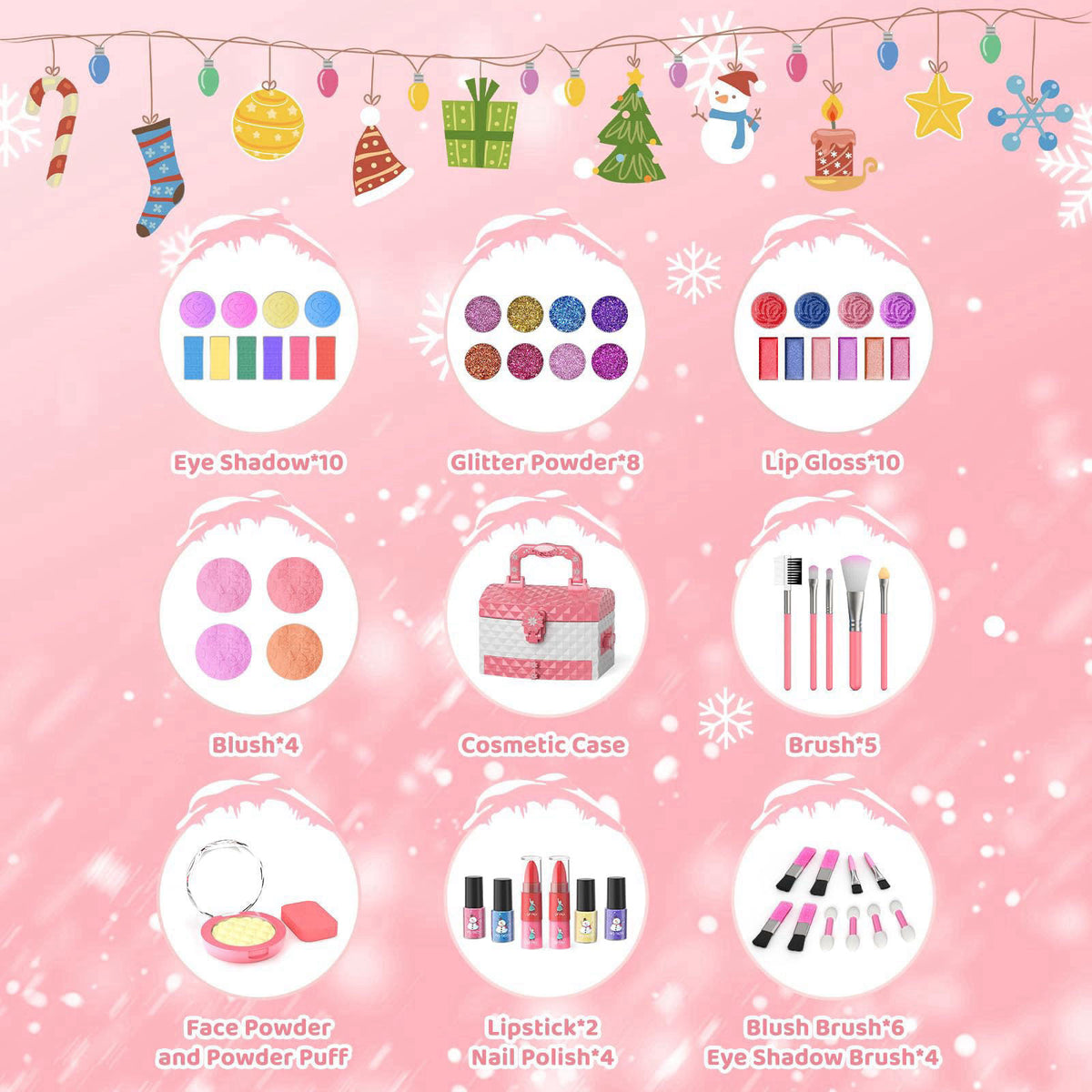 GirlsHome 57 Pcs Kids Makeup Set for Girls, Washable Real Cosmetic Toddler Makeup Set – packaging and label