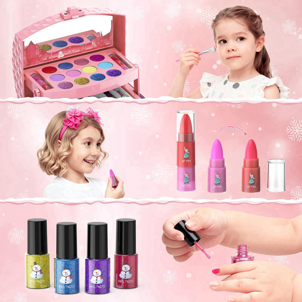 GirlsHome 57 Pcs Kids Makeup Set for Girls, Washable Real Cosmetic Toddler Makeup Set – full view, size child-size