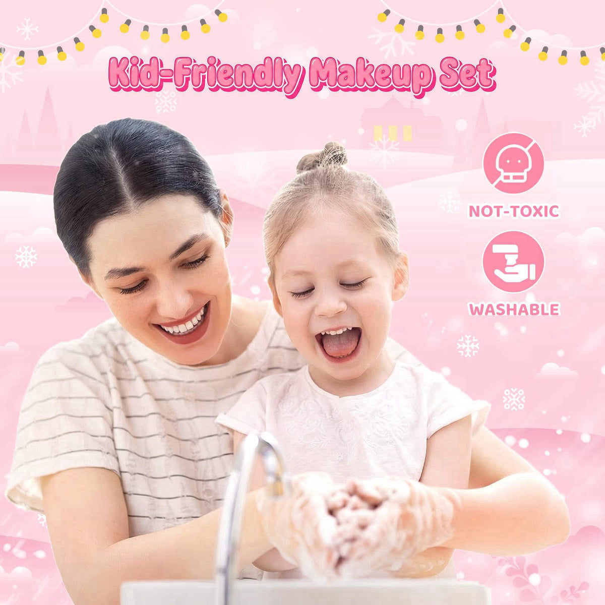 GirlsHome 57 Pcs Kids Makeup Set for Girls, Washable Real Cosmetic Toddler Makeup Set – back view and specifications