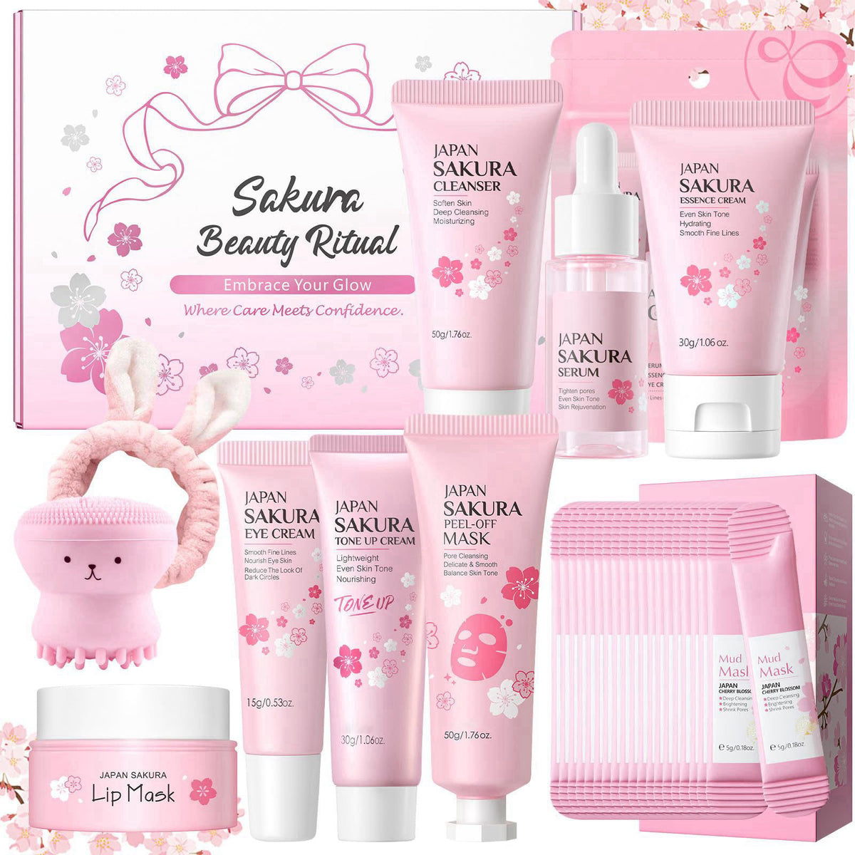 Ofanyia 29Pcs Sakura Skincare Set, Skincare for Girls 10-12, Complete Skincare Routine for Clean, Soft and Hydrated Skin