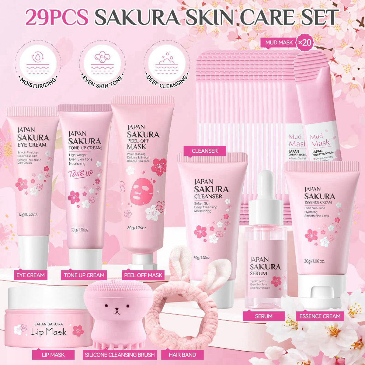 Ofanyia 29Pcs Sakura Skincare Set, Skincare for Girls 10-12, Complete Skincare Routine for Clean, Soft and Hydrated Skin