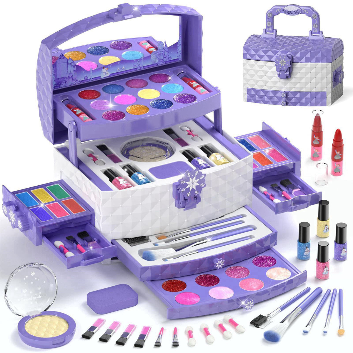 PERRYHOME 56 Pcs Kids Makeup Set for Girls, Washable Real Cosmetic Toddler Makeup Kit – Purple, Plastic, child-size