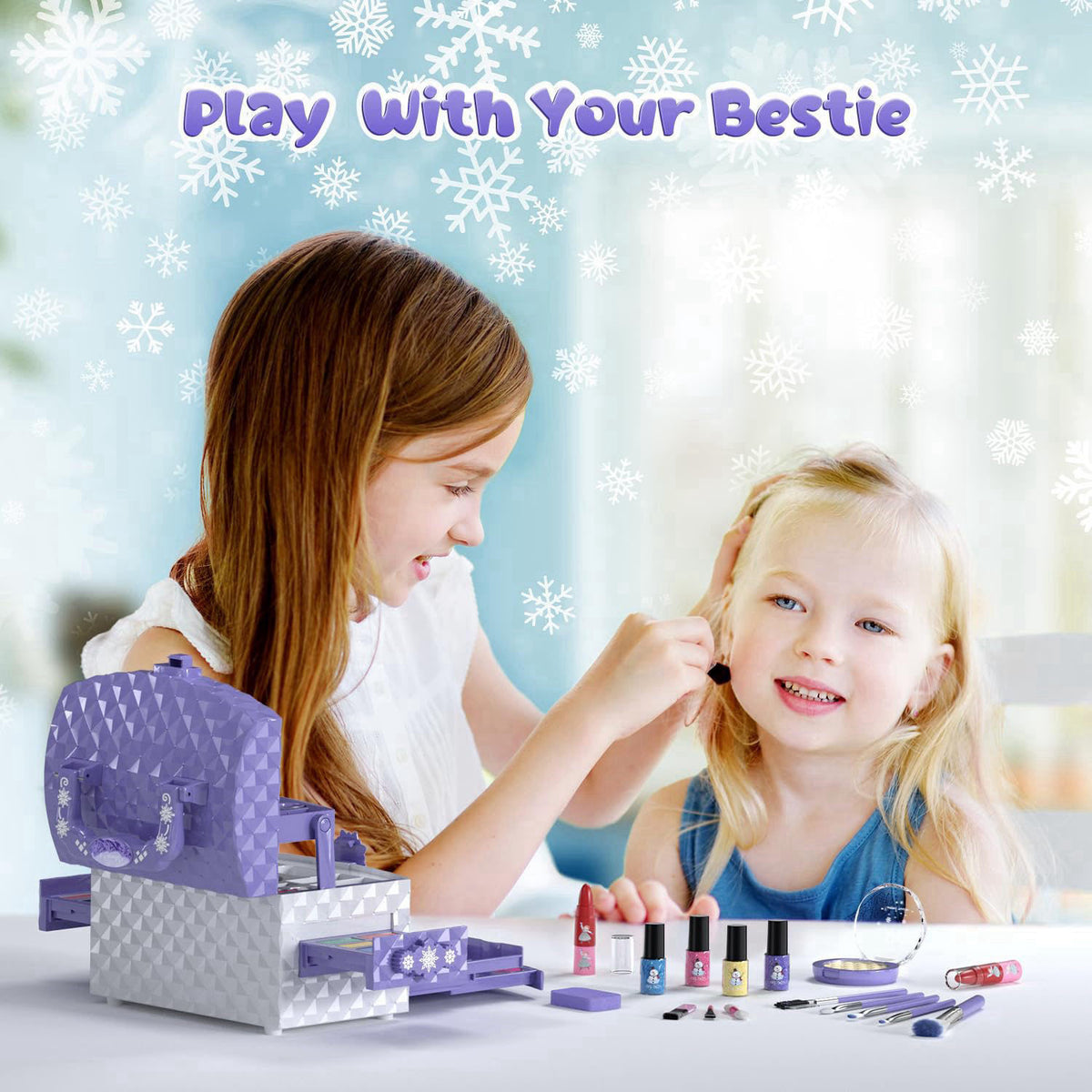 PERRYHOME 56 Pcs Kids Makeup Set for Girls, Washable Real Cosmetic Toddler Makeup Kit – close-up detail in Purple