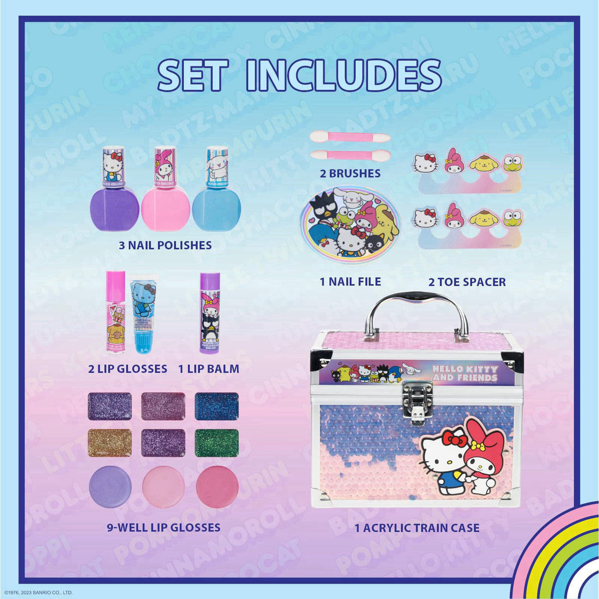 Townley Girl Hello Kitty Train Case Beauty Set with Washable Makeup, Ages 3+ – close-up detail in Hello Kitty and Friend