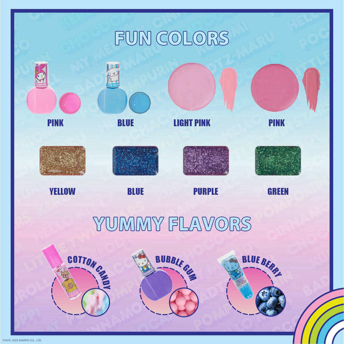 Townley Girl Hello Kitty Train Case Beauty Set with Washable Makeup, Ages 3+ – packaging and label
