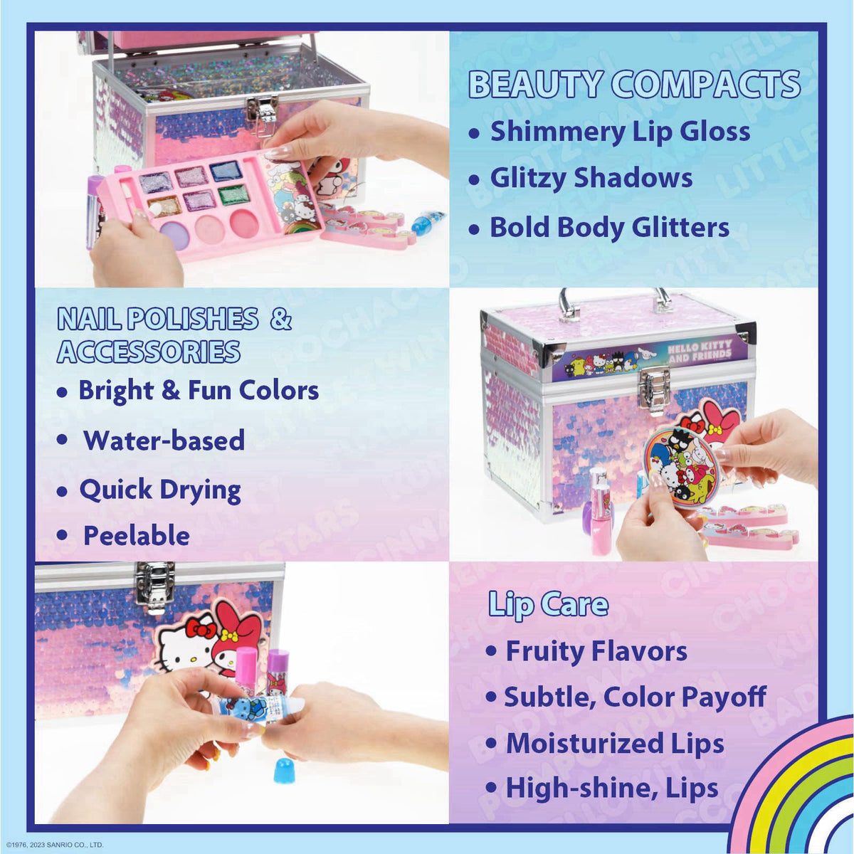 Townley Girl Hello Kitty Train Case Beauty Set with Washable Makeup, Ages 3+ – back view and specifications
