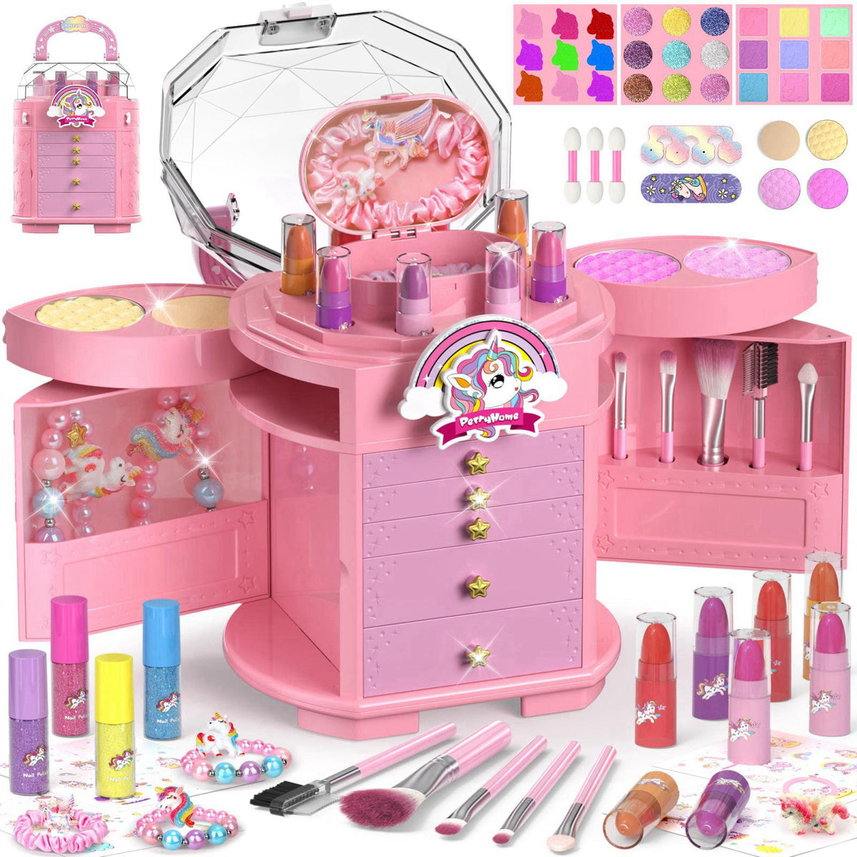 PERRYHOME 63 Pcs Kids Makeup Set for Girls, Washable Real Cosmetic Toddler Makeup Kit – Pink, Plastic, child-size