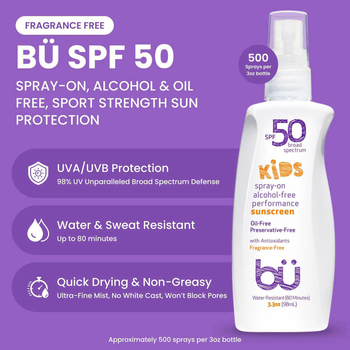 b&uuml; BU SPF 50 Kids Sunscreen Spray for Face and Body, Non Aerosol Spray, Fragrance Free, Clear, Non Greasy, Water Re
