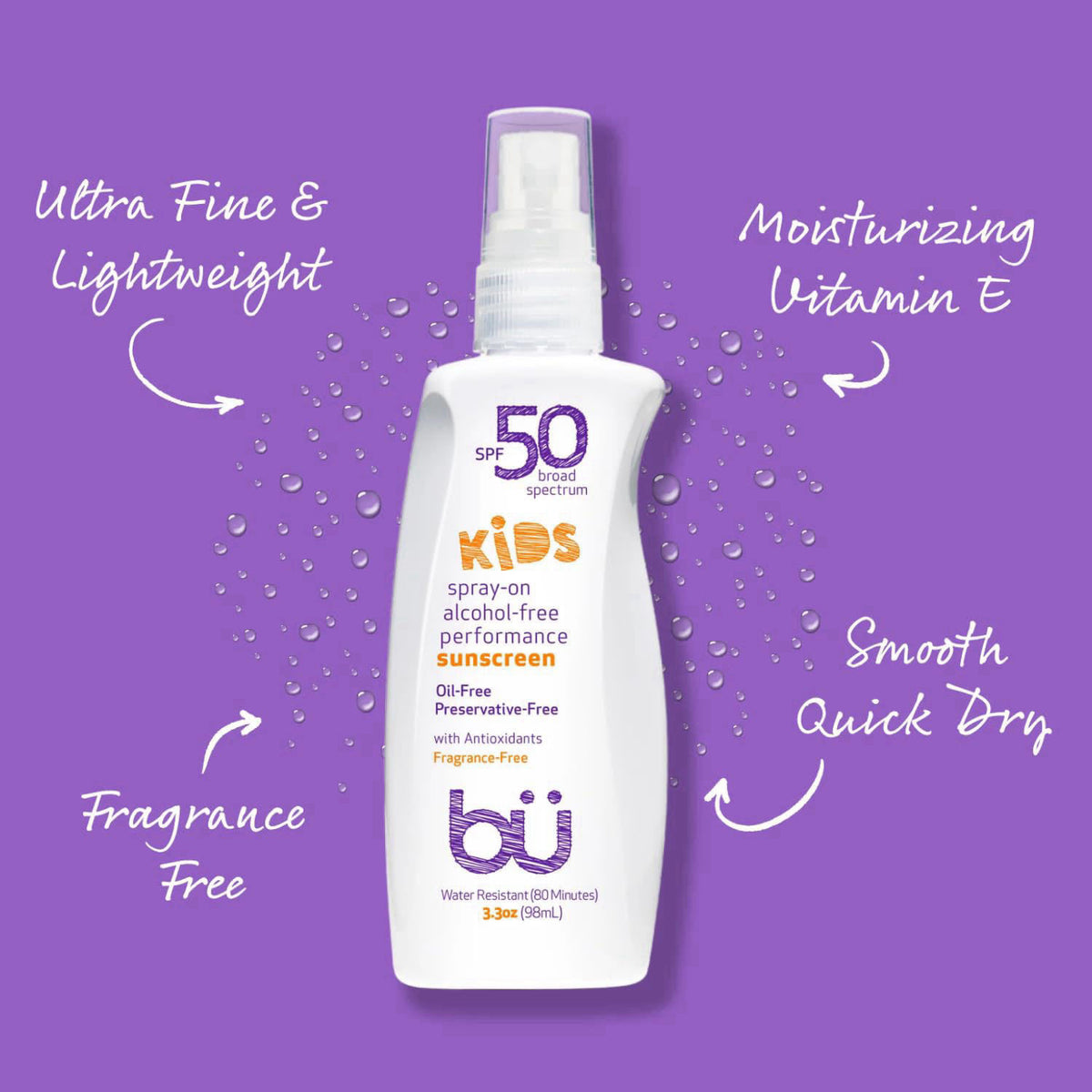 b&uuml; BU SPF 50 Kids Sunscreen Spray for Face and Body, Non Aerosol Spray, Fragrance Free, Clear, Non Greasy, Water Re