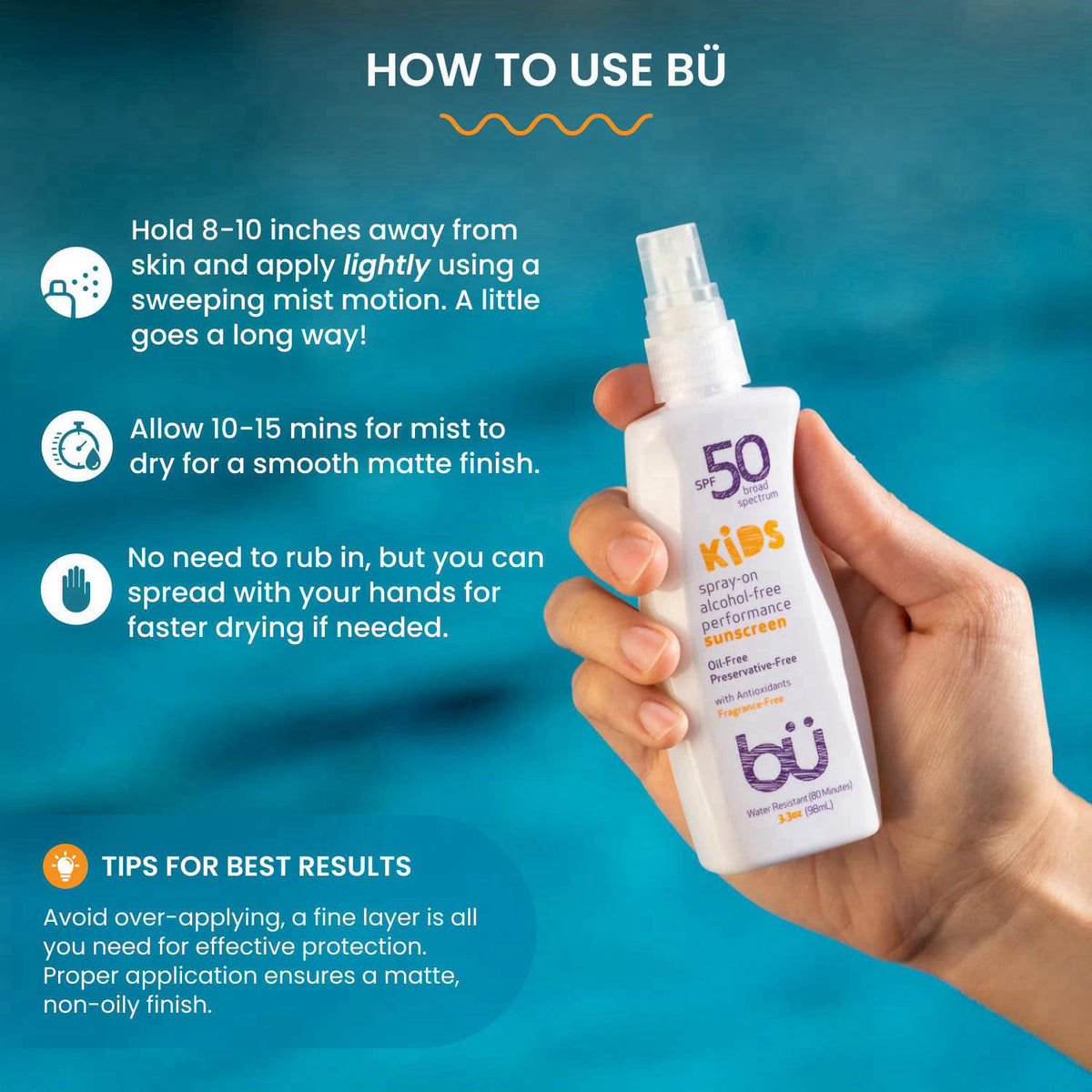 b&uuml; BU SPF 50 Kids Sunscreen Spray for Face and Body, Non Aerosol Spray, Fragrance Free, Clear, Non Greasy, Water Re