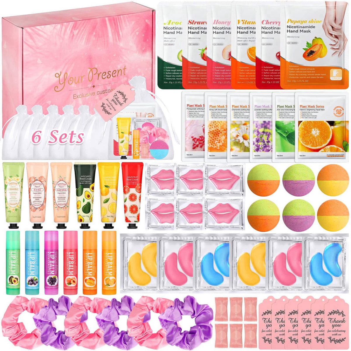 Jollidecor Spa Party Supplies for Girls- 66PCS Women Spa Party Favors with Face Hand Mask, Hand Cream, Lip Balm, Bath Bo