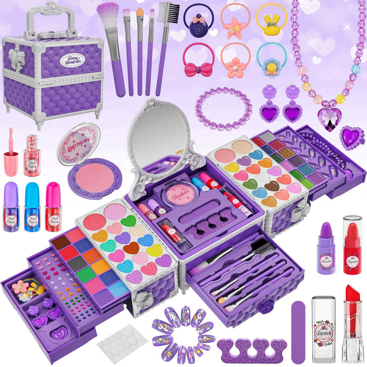 Kuovei 99 Pcs Kids Makeup Kit for Girls, Princess Toys Real Washable Cosmetics Set – product photo (Makeup)
