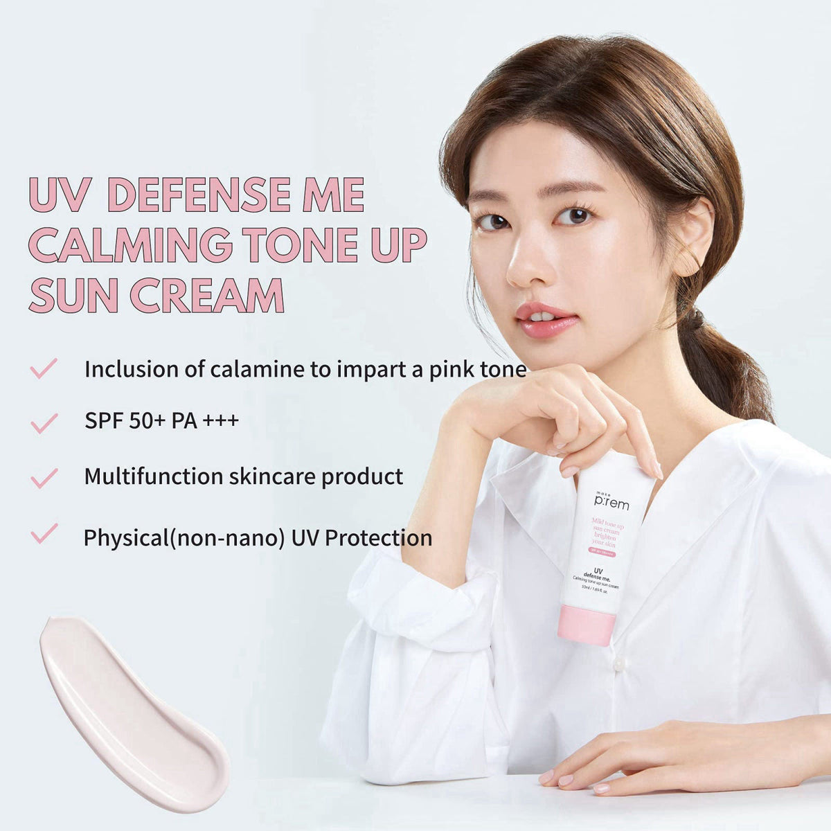 MAKEP:REM MAKEPREM UVA UVB Defense Me Calamine Calming Sun Cream SPF 50+ PA++++ 1.69 Fl Oz Korean Mineral Sunblock VEGAN