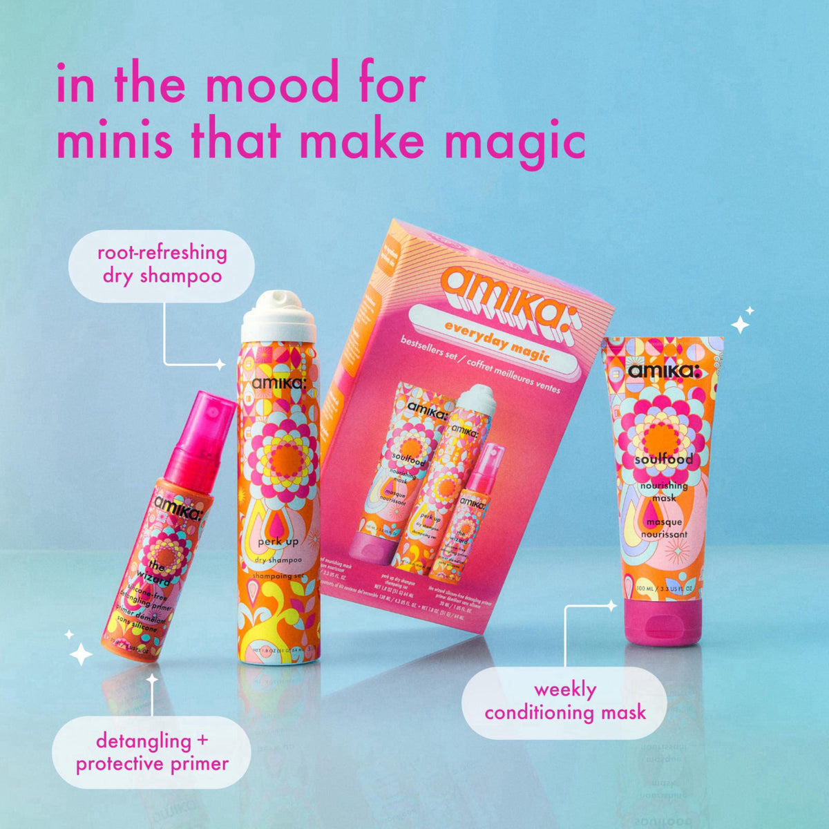 amika everyday magic bestsellers set | gift set for all hair types, TSA travel-size approved – close-up detail