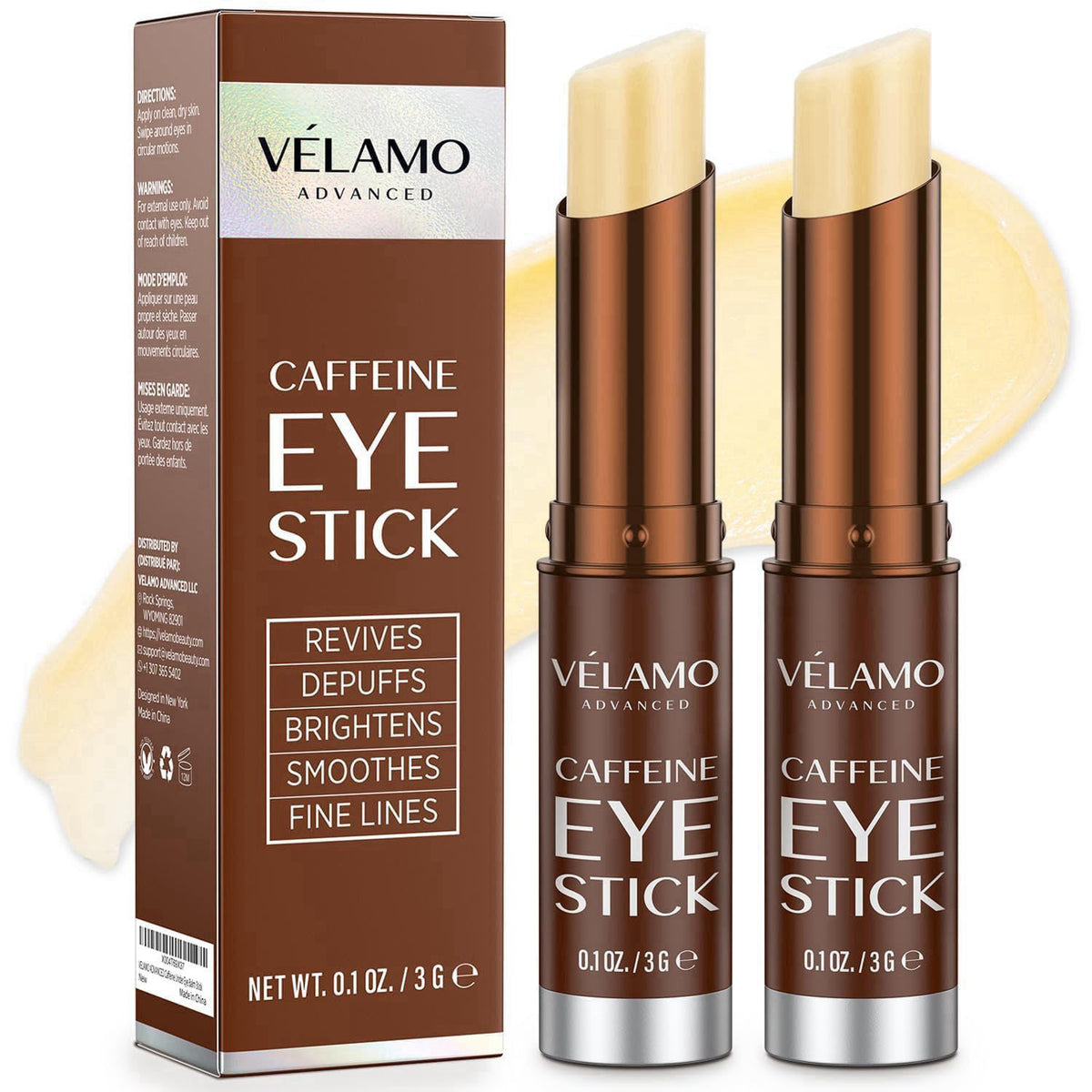 VELAMO ADVANCED Caffeine Eye Stick: Energizing & Hydrating Under Eye Balm for Dark Circles & Puffiness - Travel Essentia