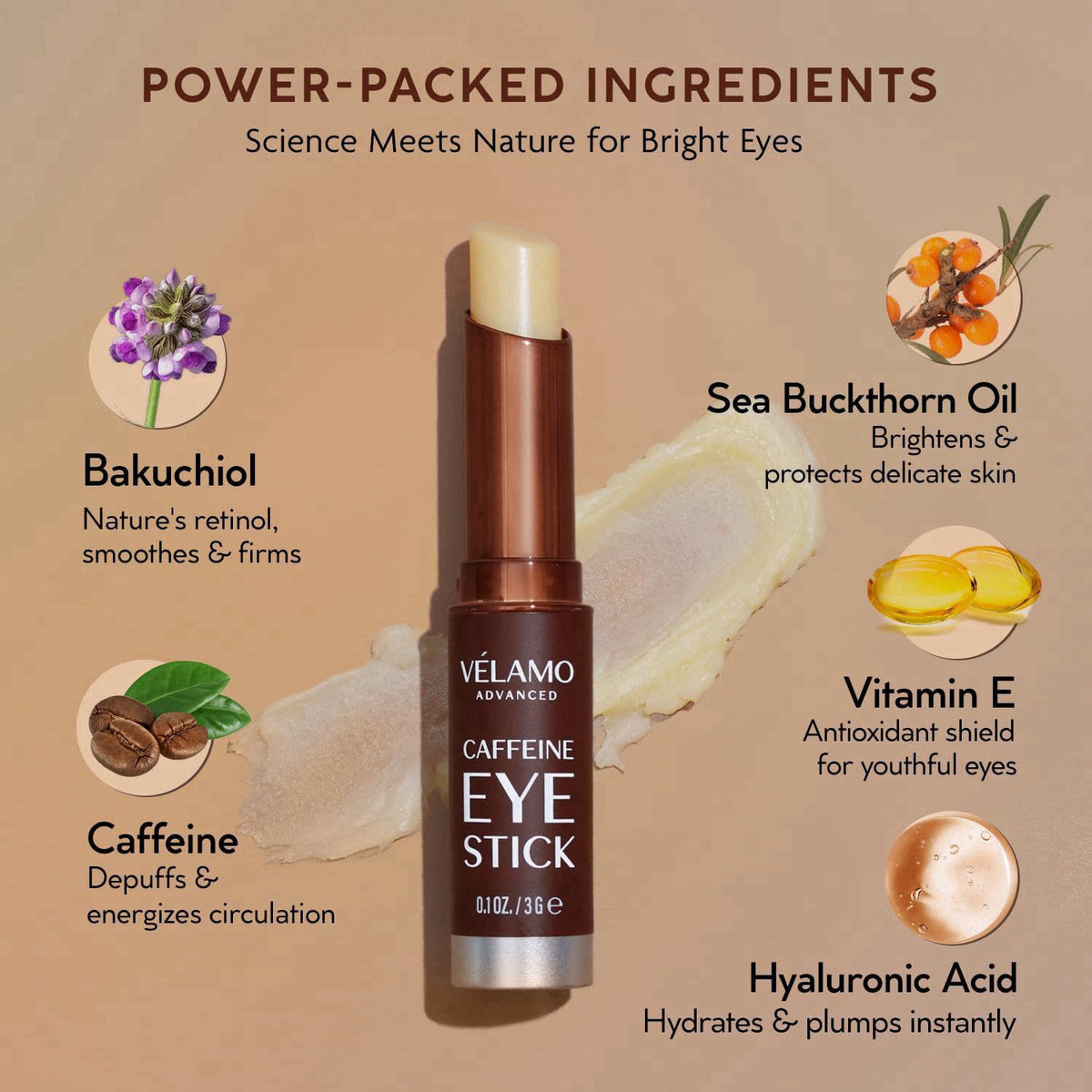 VELAMO ADVANCED Caffeine Eye Stick: Energizing & Hydrating Under Eye Balm for Dark Circles & Puffiness - Travel Essentia