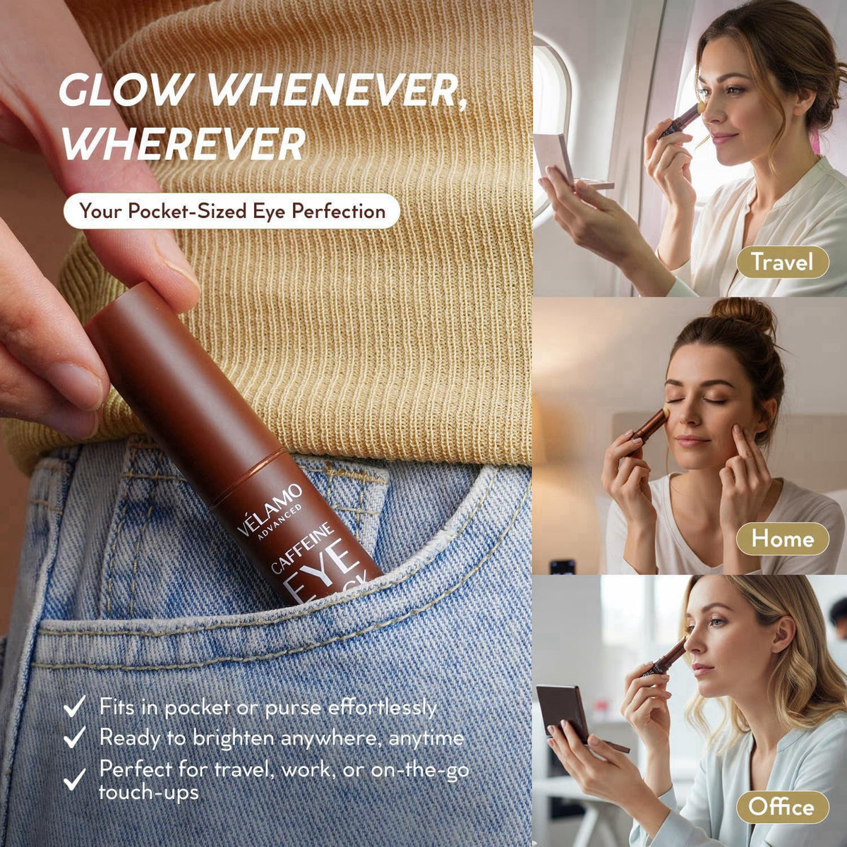 VELAMO ADVANCED Caffeine Eye Stick: Energizing & Hydrating Under Eye Balm for Dark Circles & Puffiness - Travel Essentia
