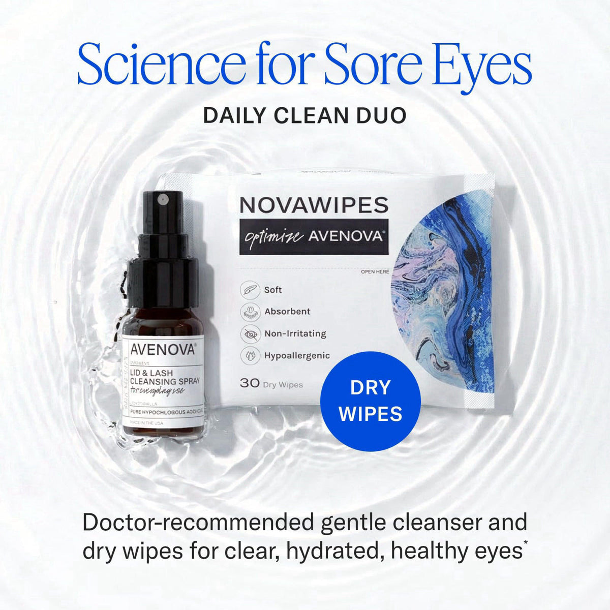 Avenova Daily Clean Duo, 20 ml Spray + 30-Count Eye Wipes – close-up detail