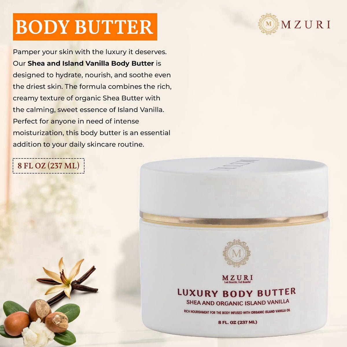 MZURI Whipped Body Butter with Shea Butter & Island Vanilla Oil, 8 fl oz – packaging and label
