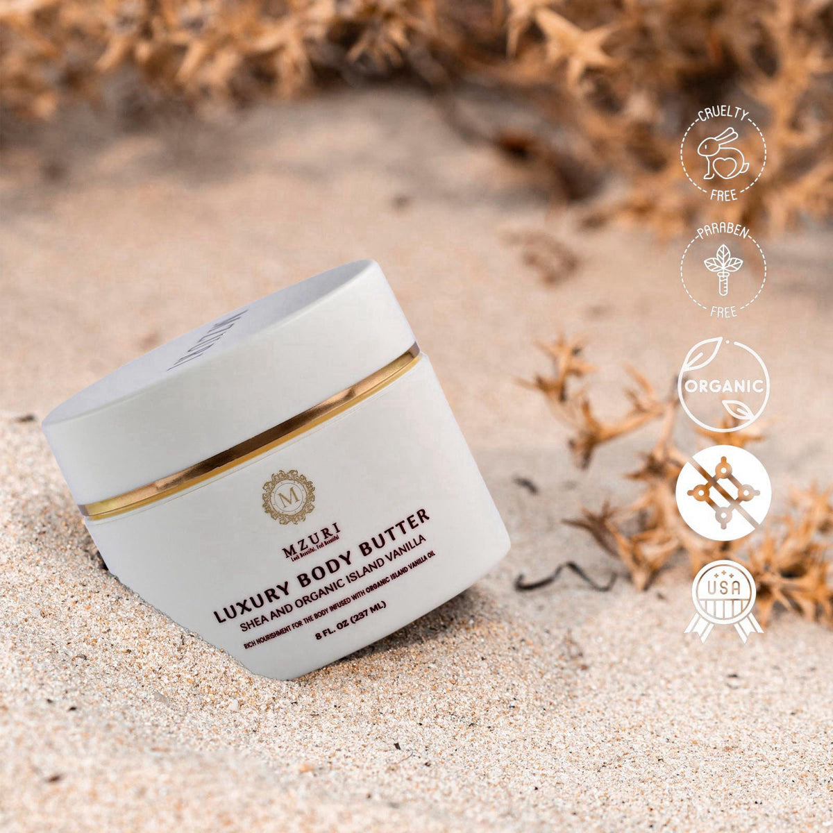 MZURI Whipped Body Butter with Shea Butter & Island Vanilla Oil, 8 fl oz – back view and specifications