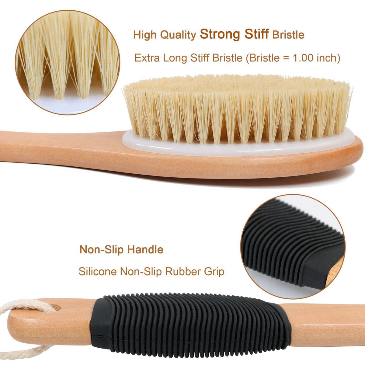 OWIIZI Back Scrubber Brush for Shower, Long Stiff Bristle Body Bath Brushes, Wooden Curved Long Handle Skin Exfoliator f