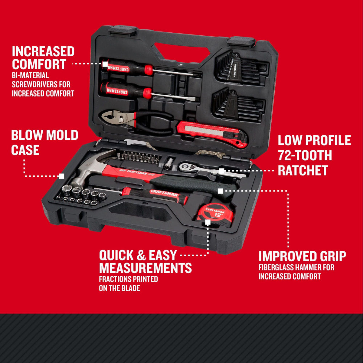 CRAFTSMAN 57 Piece Mechanics Tool Set Home Tool Set, Sockets, Ratchet, Screwdrivers, Hammer, Pliers, Hex Keys, Specialty
