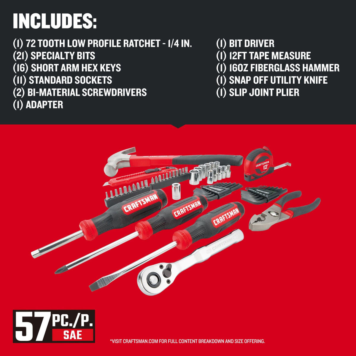 CRAFTSMAN 57 Piece Mechanics Tool Set Home Tool Set, Sockets, Ratchet, Screwdrivers, Hammer, Pliers, Hex Keys, Specialty