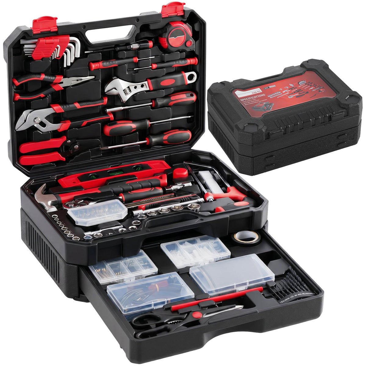 DUMOS 330-Piece Complete Homeowners Tool Box Set,Small Tool Kit for Home – Black Red, Carbon Steel, Chrome Vanadium Stee