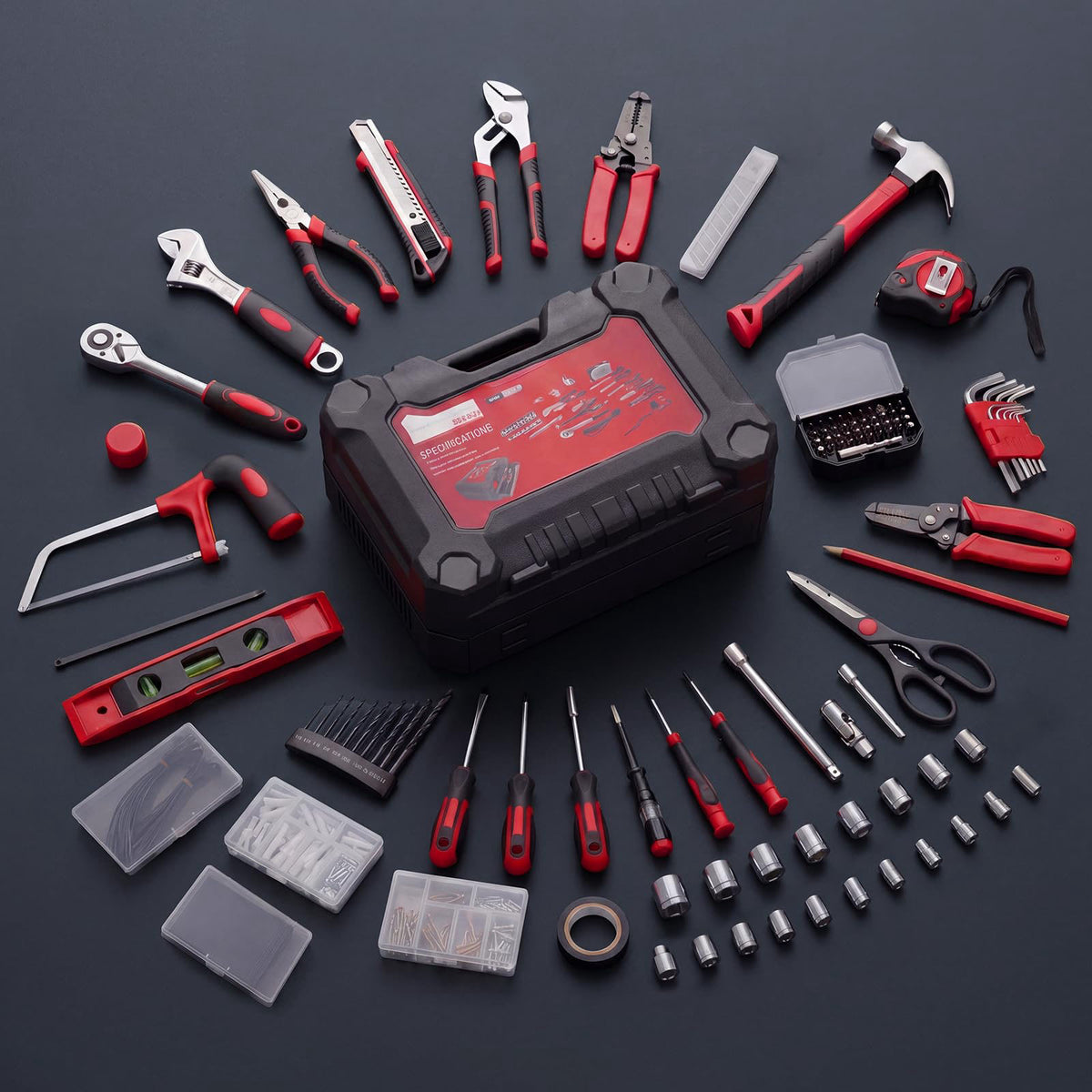 DUMOS 330-Piece Complete Homeowners Tool Box Set,Small Tool Kit for Home – packaging and label