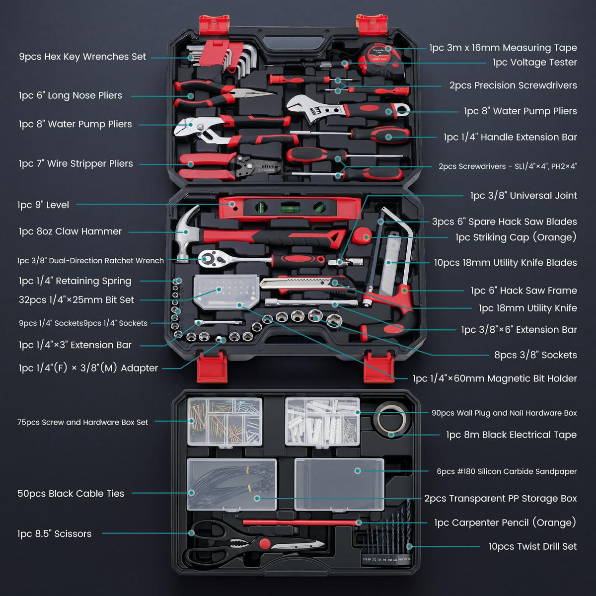 DUMOS 330-Piece Complete Homeowners Tool Box Set,Small Tool Kit for Home – full view