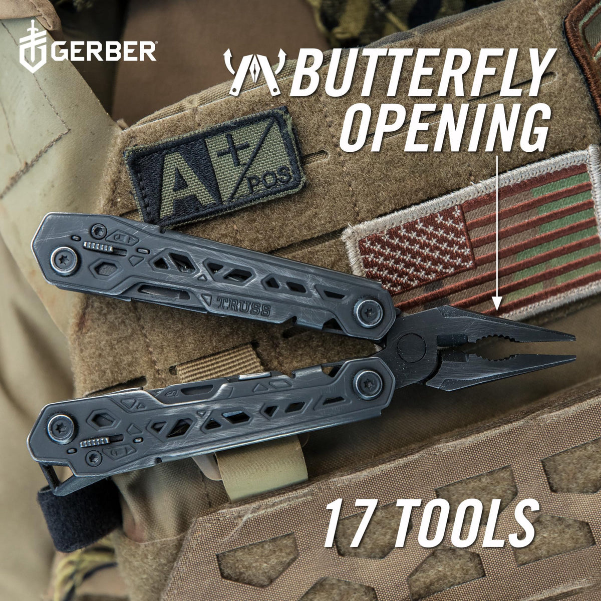 Gerber Truss 17-in-1 EDC Multitool Pliers, Pocket Knife with Sheath, Black – packaging and label