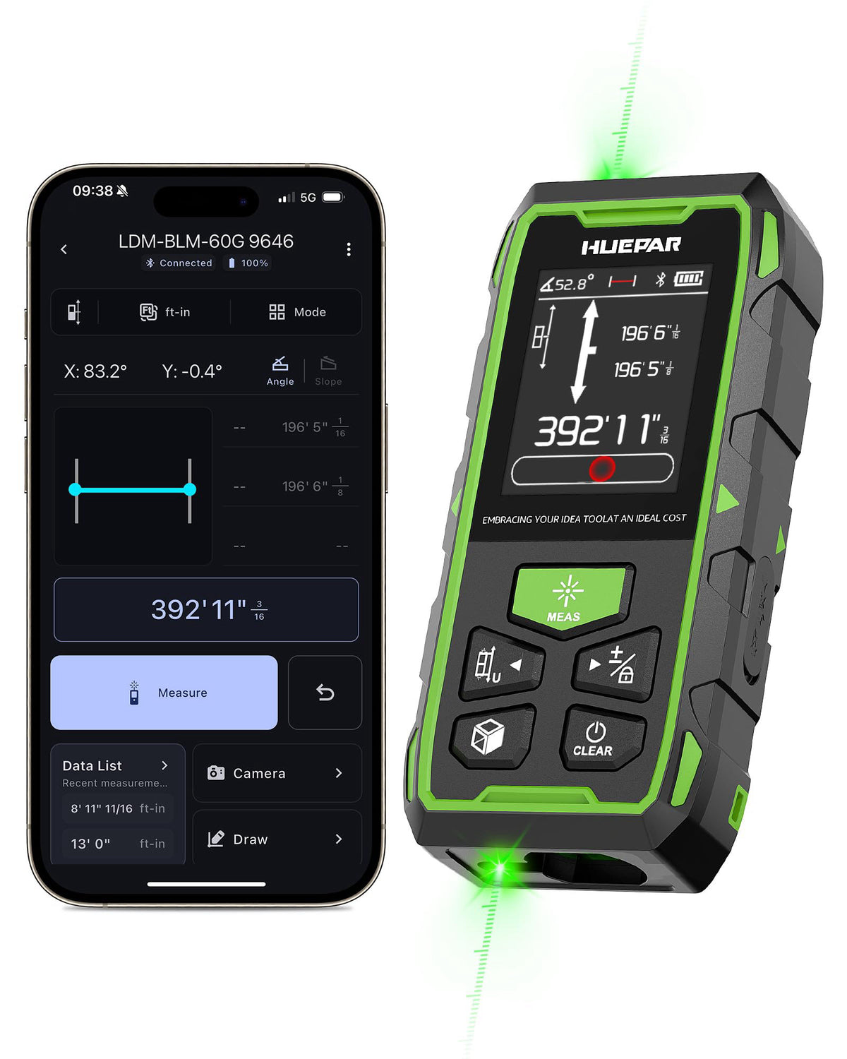 Huepar 2026 Upgraded Dual Laser Measuring Tool 395Ft, Phone App, Green Beam – product photo (Laser Distance Meters)