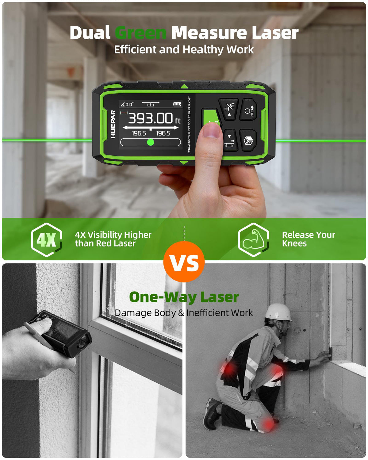 Huepar 2026 Upgraded Dual Laser Measuring Tool 395Ft, Phone App, Green Beam – close-up detail in Green Beam