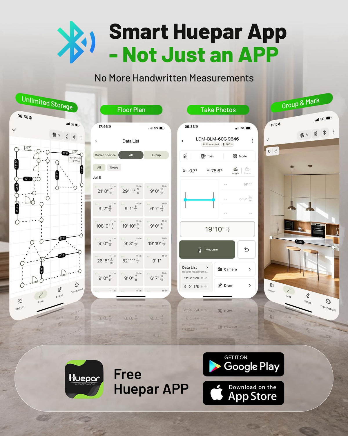 Huepar 2026 Upgraded Dual Laser Measuring Tool 395Ft, Phone App, Green Beam – packaging and label