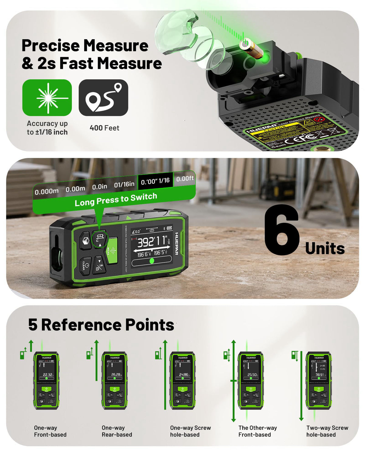Huepar 2026 Upgraded Dual Laser Measuring Tool 395Ft, Phone App, Green Beam – back view and specifications
