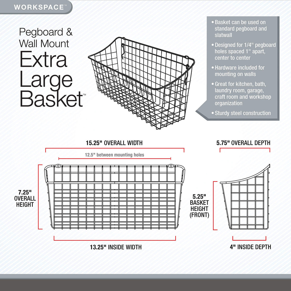 Spectrum Pegboard Wall Mount Wire Basket Extra Large by Premium Selection — view 5