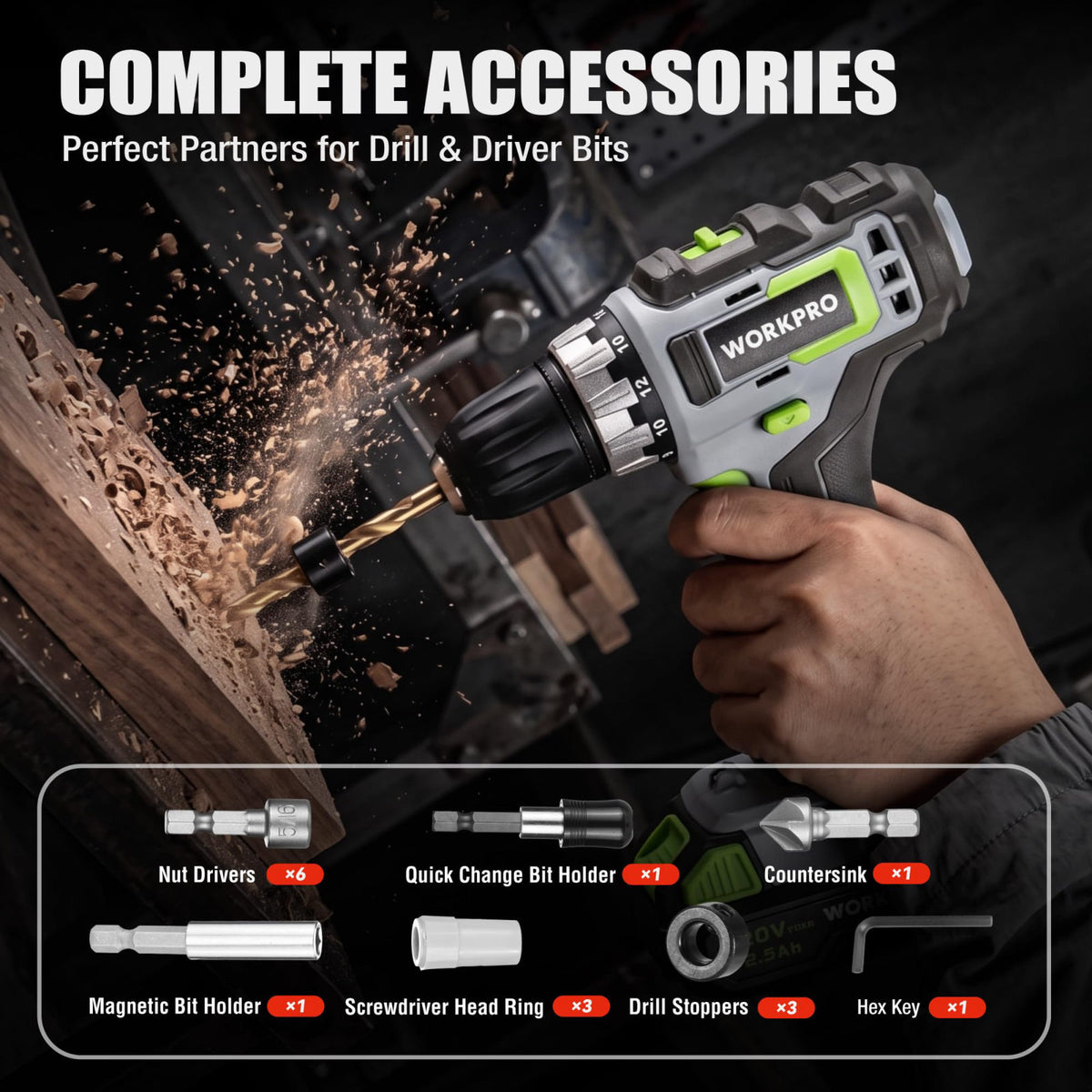 WORKPRO Drill Bit Set, 455Pcs Drill Bits and Screwdriver Bit Set w/Screws – back view and specifications
