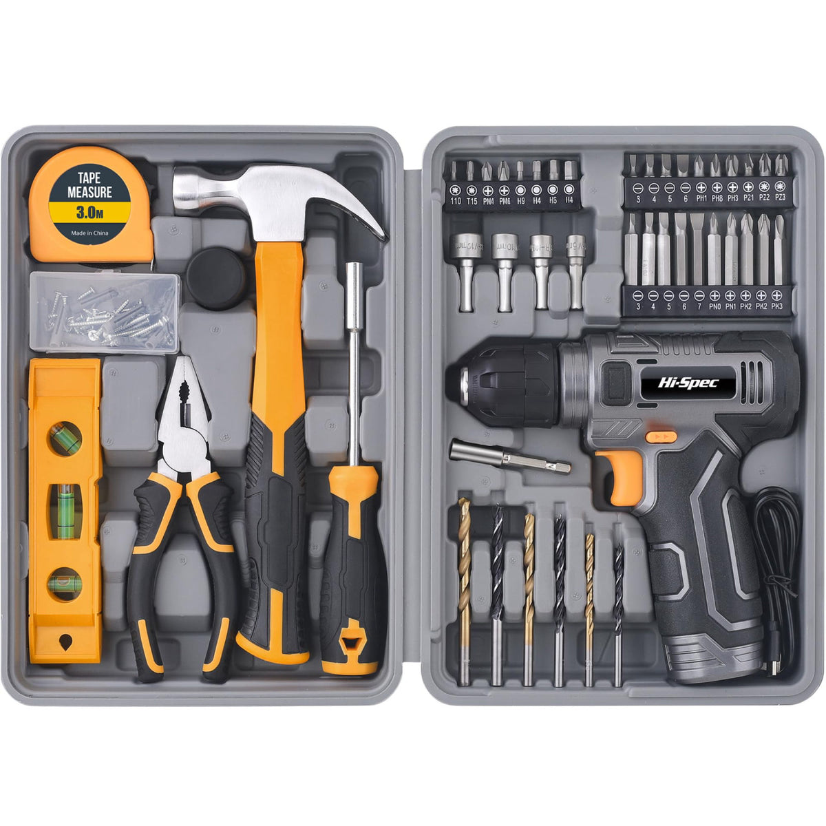 Hi-Spec 8V Cordless Drill Set & Household Tool Kit - USB Rechargeable, Gray – Wood, Plastic, Soft Metals, Drywall, 0.5 i