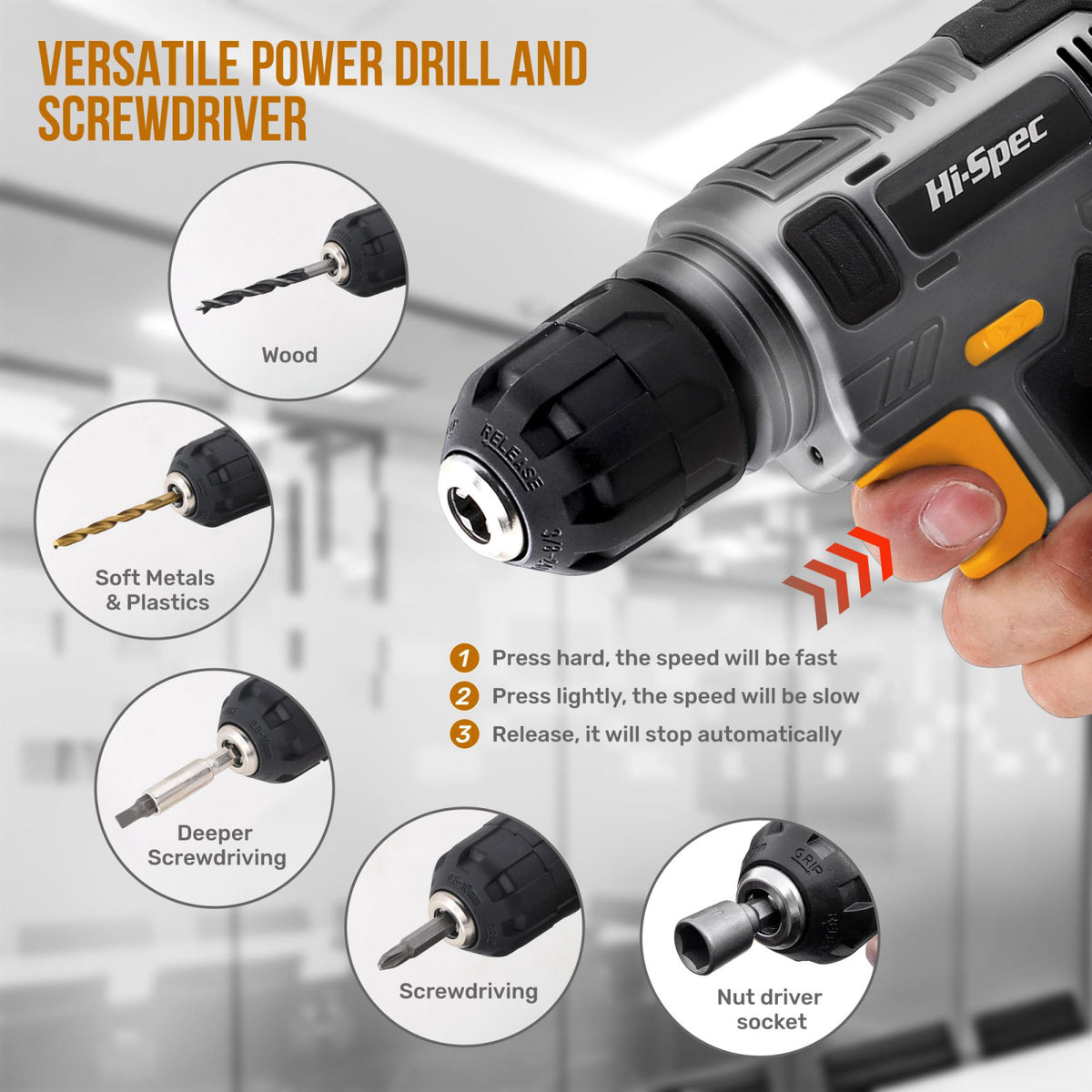 Hi-Spec 8V Cordless Drill Set & Household Tool Kit - USB Rechargeable, Gray – close-up detail