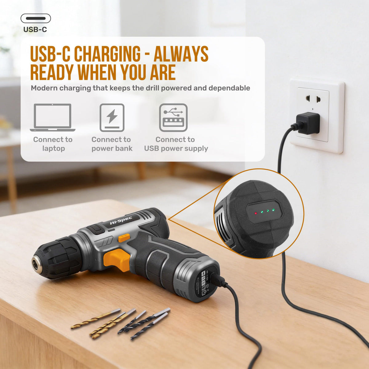 Hi-Spec 8V Cordless Drill Set & Household Tool Kit - USB Rechargeable, Gray – back view and specifications