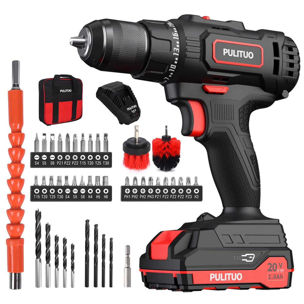 PULITUO Cordless Drill Set, 20V/2.0Ah Electric Power Drill, Torque 45N.m, 25+1 Torque Setting,1/2” Keyless Chuck, 2 Vari