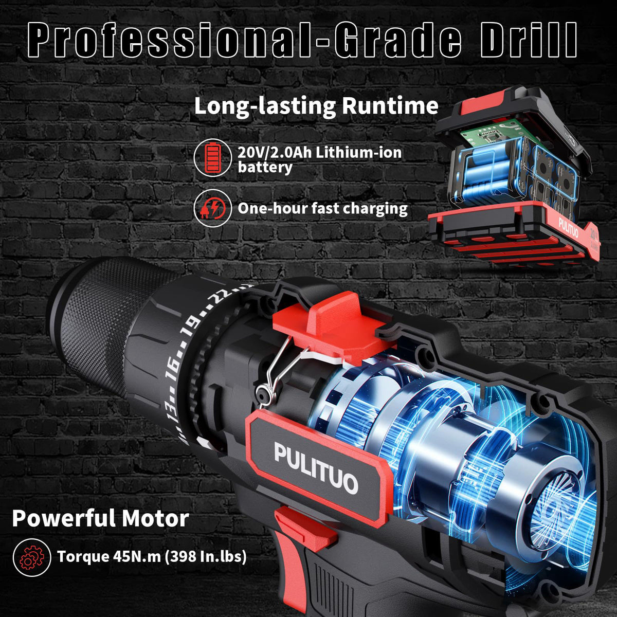 PULITUO Cordless Drill Set, 20V/2.0Ah Electric Power Drill, Torque 45N.m, 25+1 Torque Setting,1/2” Keyless Chuck, 2 Vari