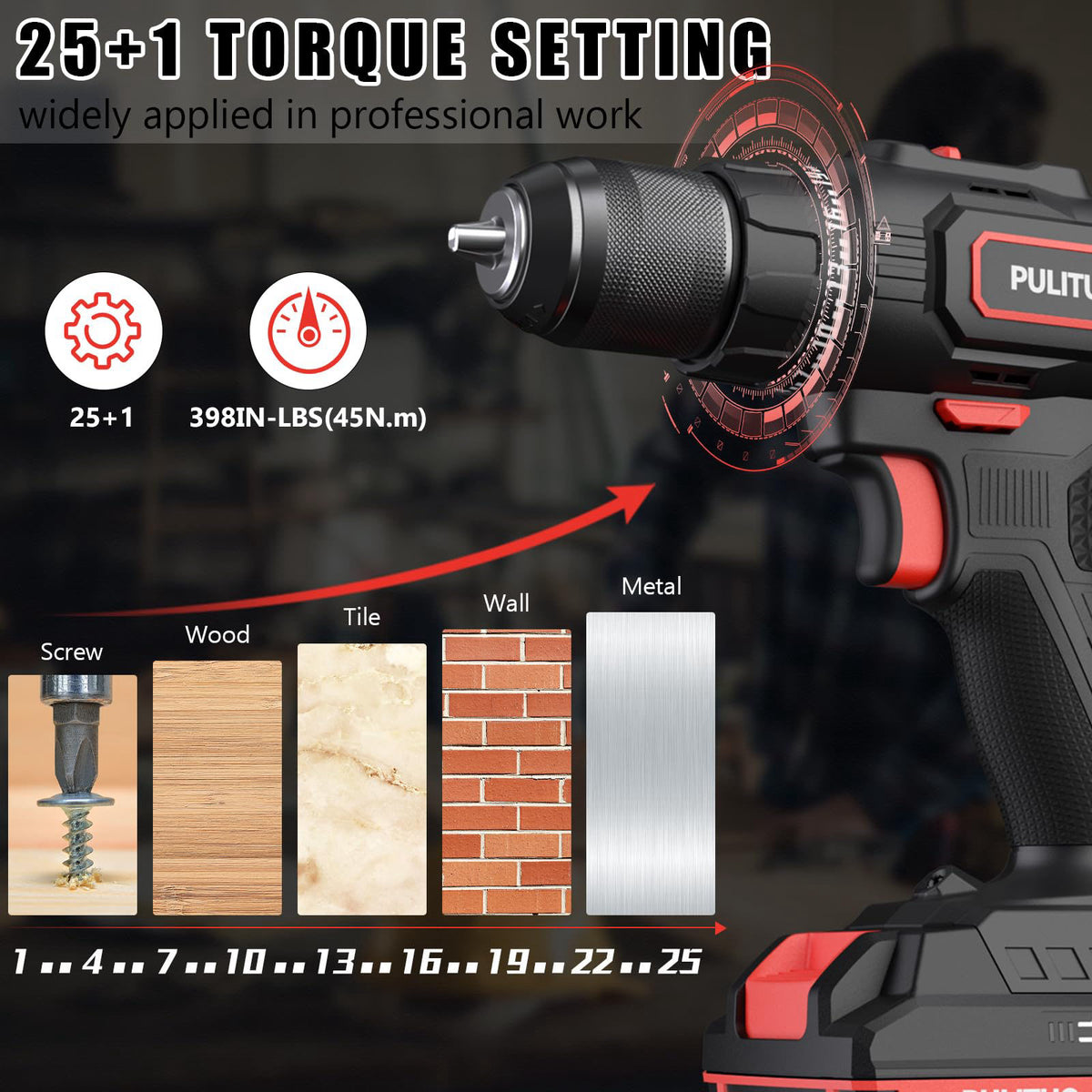 PULITUO Cordless Drill Set, 20V/2.0Ah Electric Power Drill, Torque 45N.m, 25+1 Torque Setting,1/2” Keyless Chuck, 2 Vari