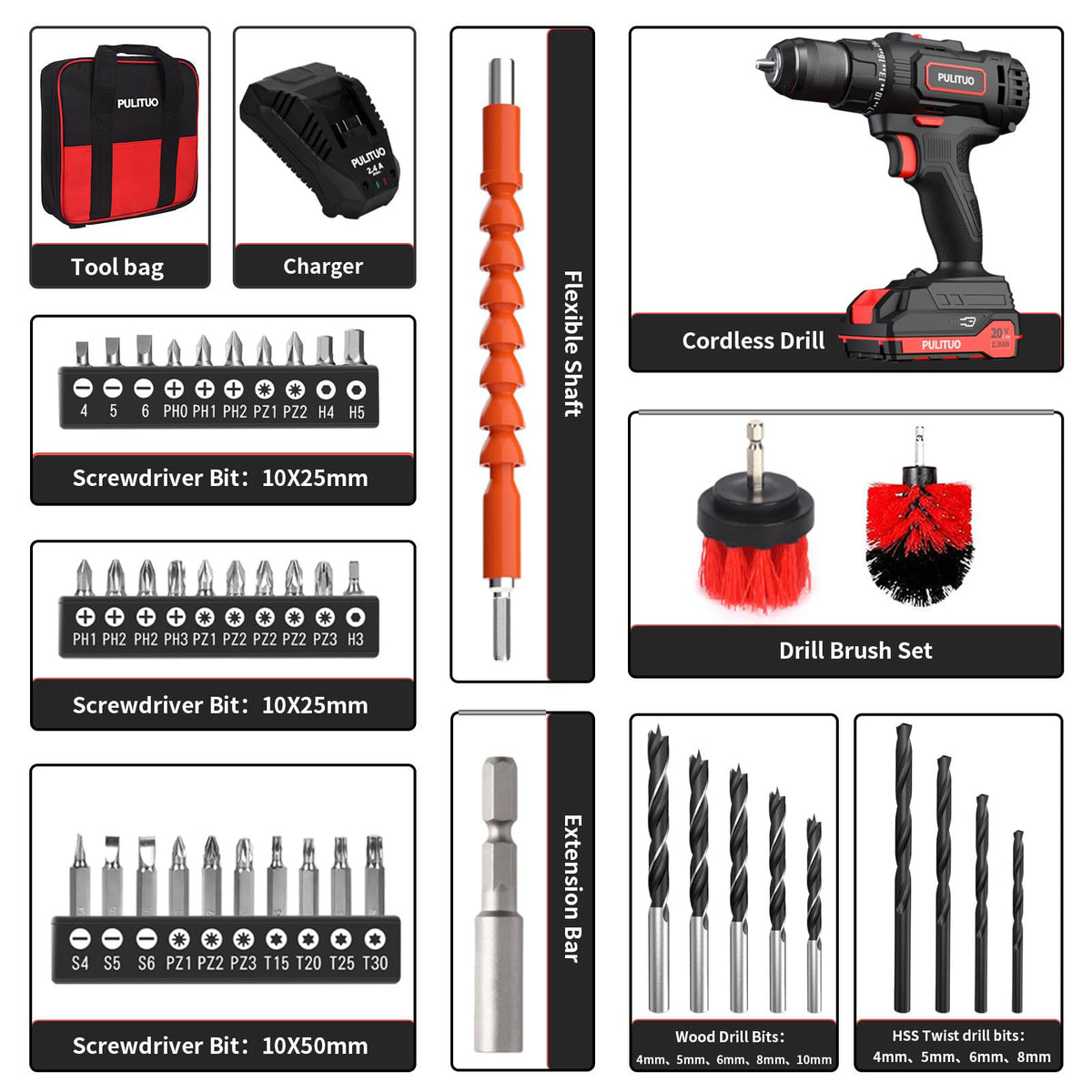 PULITUO Cordless Drill Set, 20V/2.0Ah Electric Power Drill, Torque 45N.m, 25+1 Torque Setting,1/2” Keyless Chuck, 2 Vari