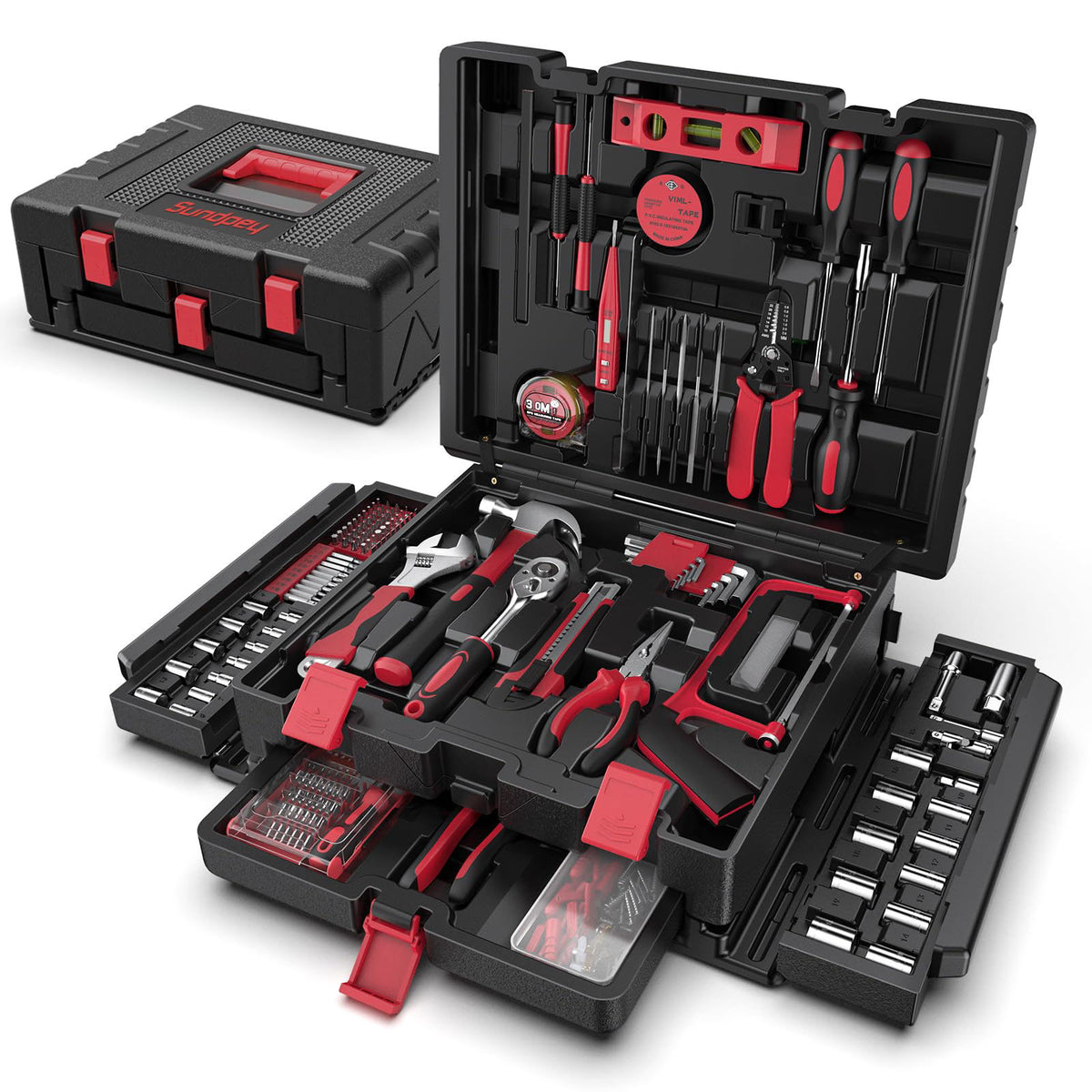 Sundpey 379 Pcs Portable Complete Home and Auto Tool Kit with Drawer Red – product photo (Tool Sets)