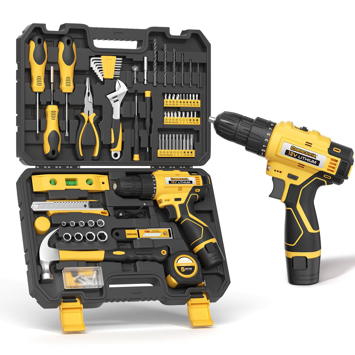 CRESOLVIA Drill Set Tool Kit for Home with 12V Cordless Power Drill 155pcs