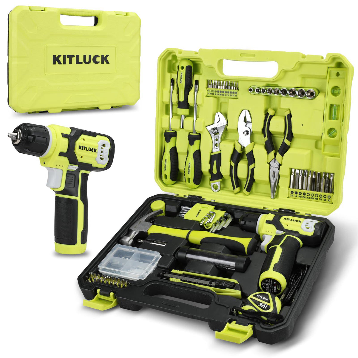 KITLUCK Power Drill Set, 180Pcs Home Hand Tool Kit with 8V Drill, Portable Tool box Kit with Screwdriver, Plier, Wrench,