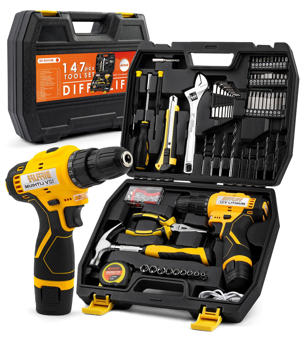 DIFFLIFE 12V Drill Driver Power Tool Combo Kits with Cordless Drill, Professional Household Home Tool Kit Set, DIY Hand 