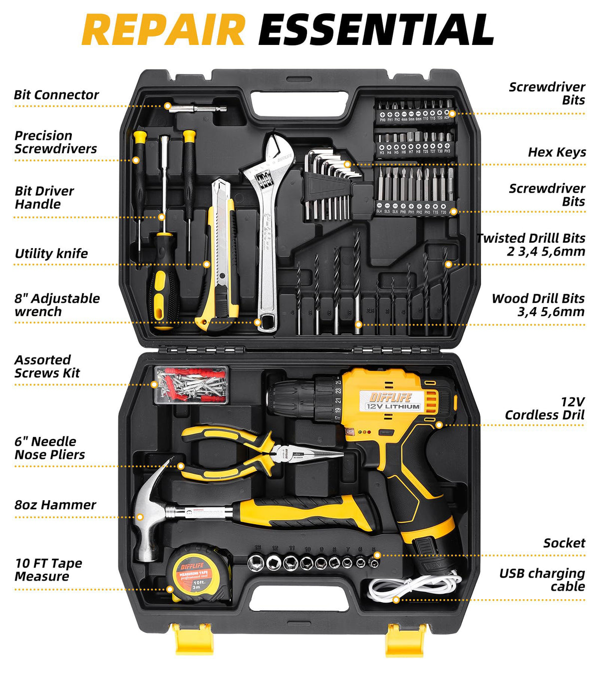 DIFFLIFE 12V Drill Driver Power Tool Combo Kits with Cordless Drill, Professional Household Home Tool Kit Set, DIY Hand 